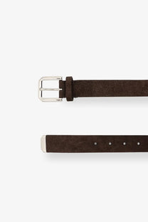Brunello cucinelli men’s suede belt africa featuring a sleek dark brown suede strap with a polished silver buckle