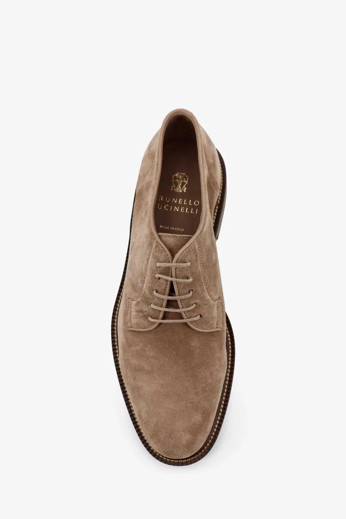 Brunello Cucinelli men’s tan suede derby shoe with matching laces and dark brown leather sole