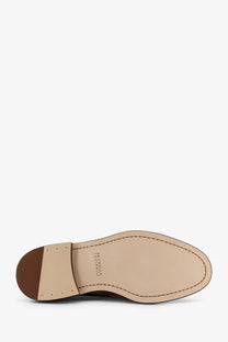 Tan leather sole with brown heel and stitched edges on brunello cucinelli men’s suede lace grey shoe with bento insole