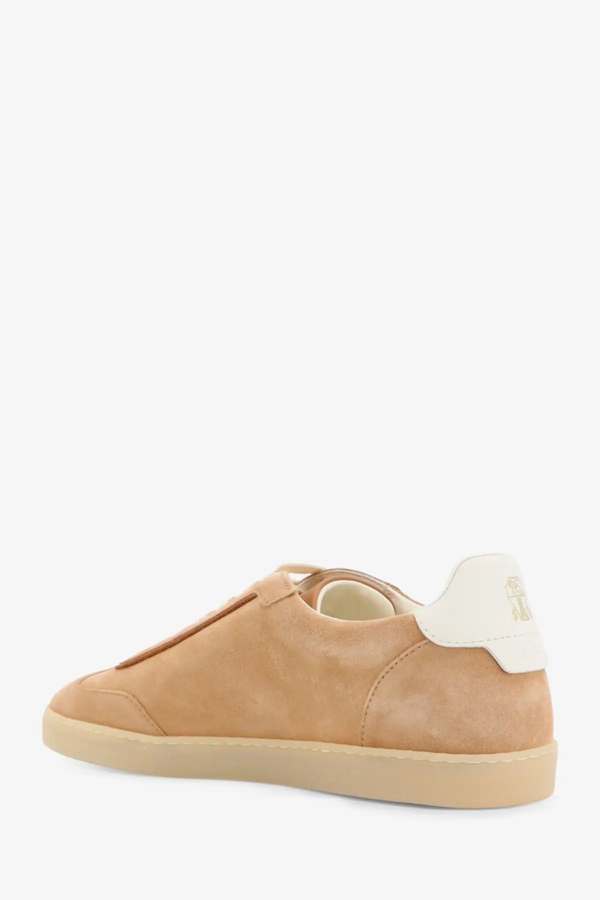 Brunello Cucinelli men’s tan suede low-top sneaker with white heel tab and beige rubber sole front view