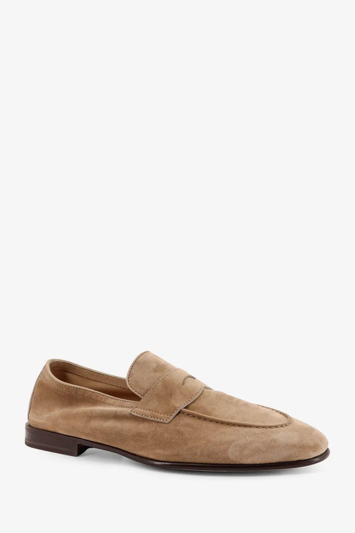 Tan suede brunello cucinelli men’s loafers with classic penny strap and dark brown leather sole