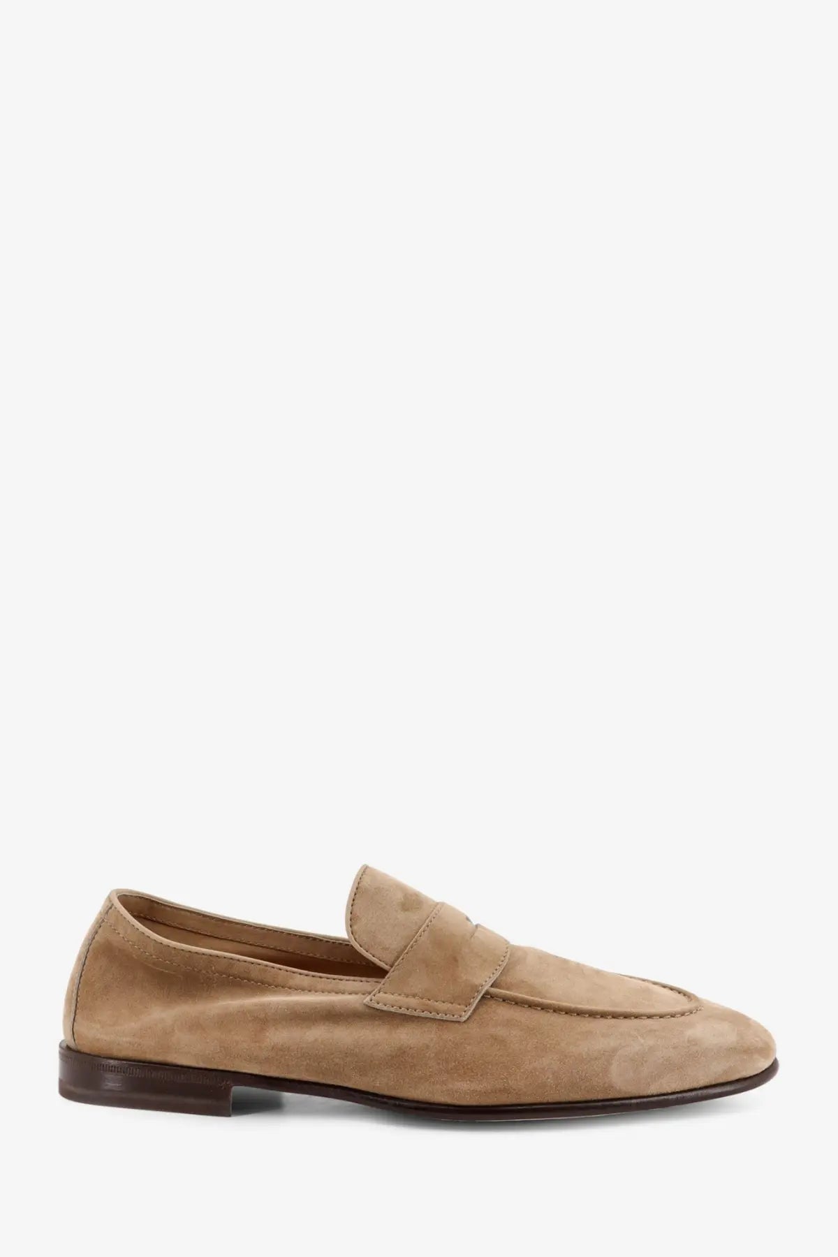 Brunello Cucinelli men’s tan suede loafers with classic slip-on design and dark brown leather sole