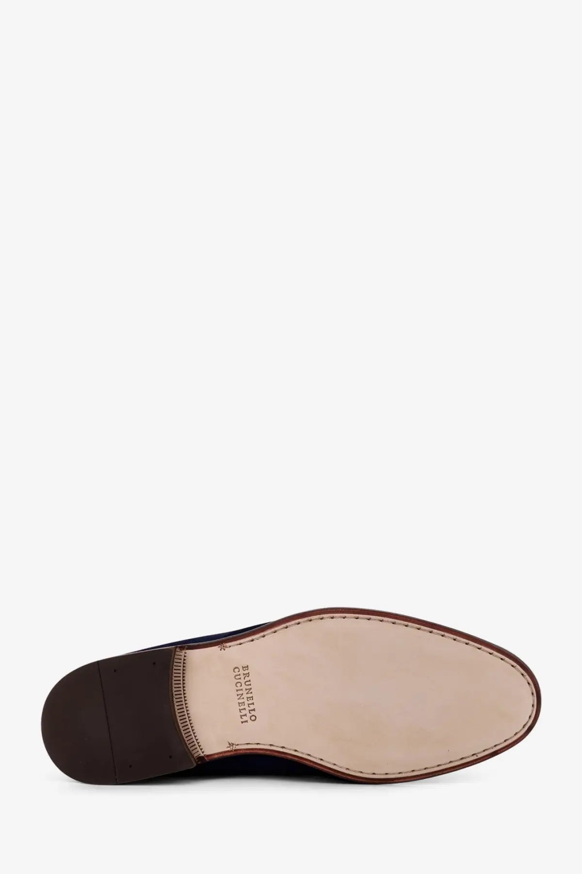 Brunello Cucinelli men’s black suede loafers with dark blue leather oxford shoe detail tan insole and brown stitching
