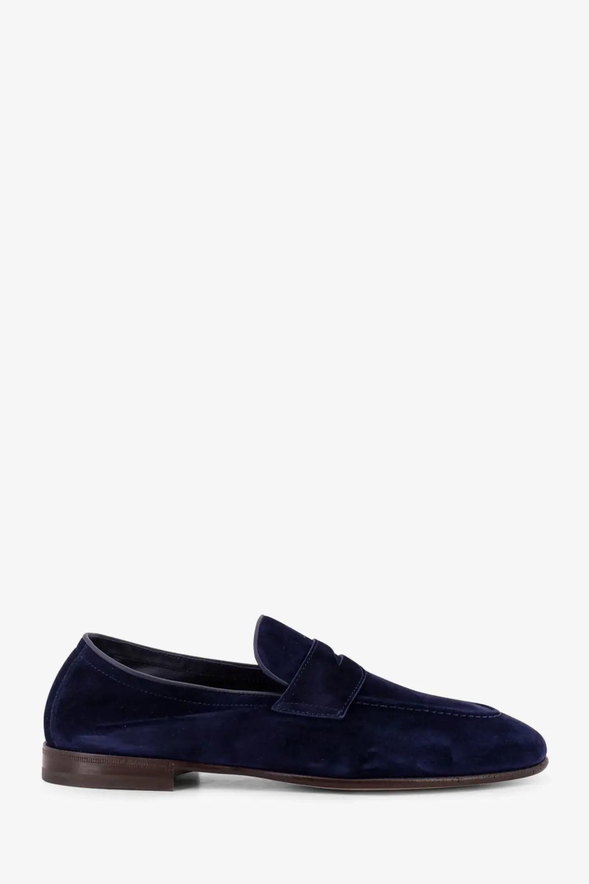 Brunello Cucinelli men’s navy blue suede loafers with dark brown leather sole for stylish casual wear