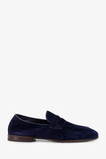 Brunello Cucinelli men’s navy blue suede loafers with dark brown leather sole for stylish casual wear