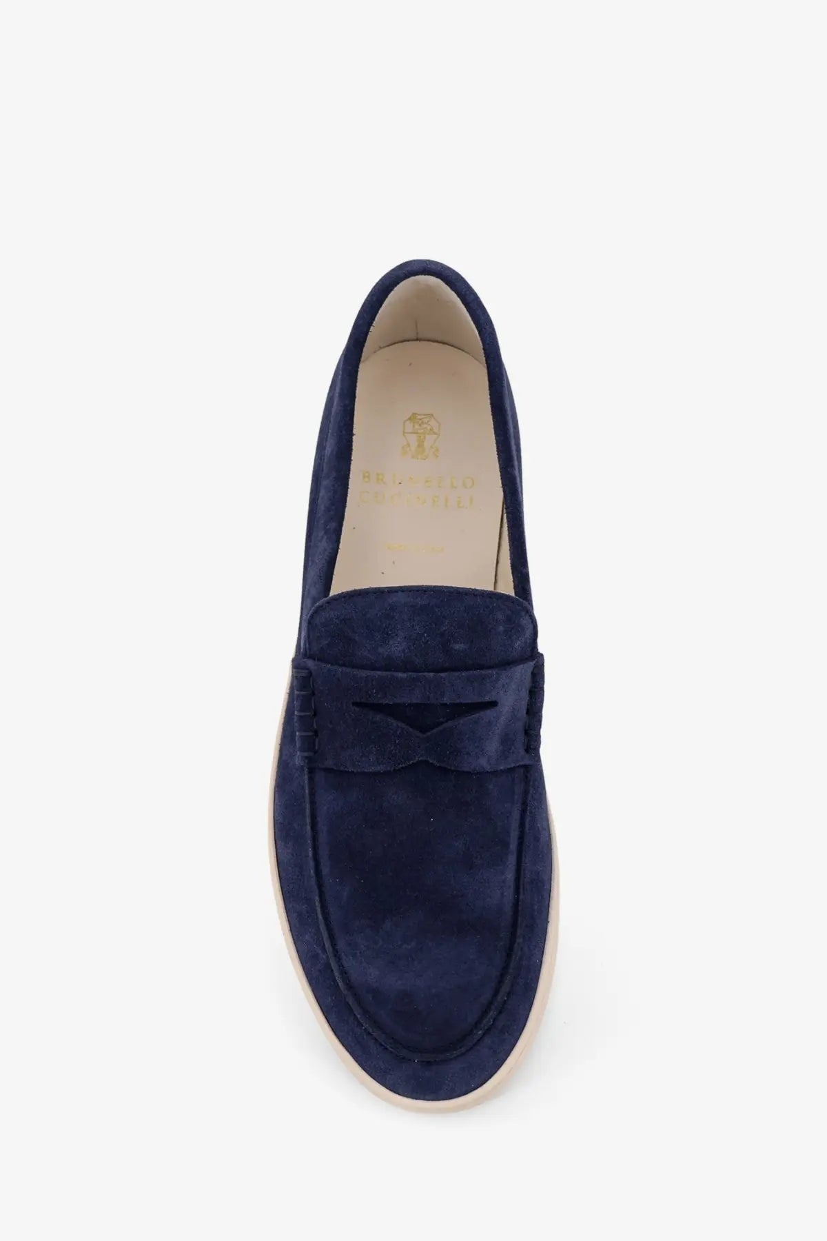 Navy blue suede loafer with stitched leather strap across the toe from Brunello Cucinelli mens suede loafers black collection