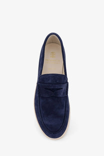 Navy blue suede loafer with stitched leather strap across the toe from Brunello Cucinelli mens suede loafers black collection