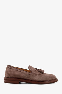 Brunello Cucinelli men’s taupe suede loafer with brown leather sole and decorative tassel on the vamp