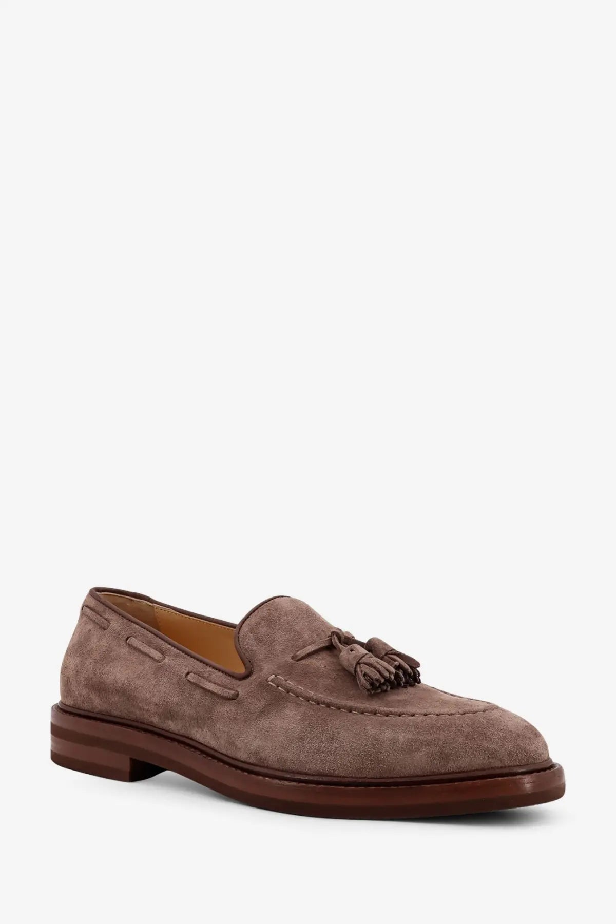 Brunello Cucinelli men’s taupe suede loafers with brown leather sole and decorative tassel at the toe
