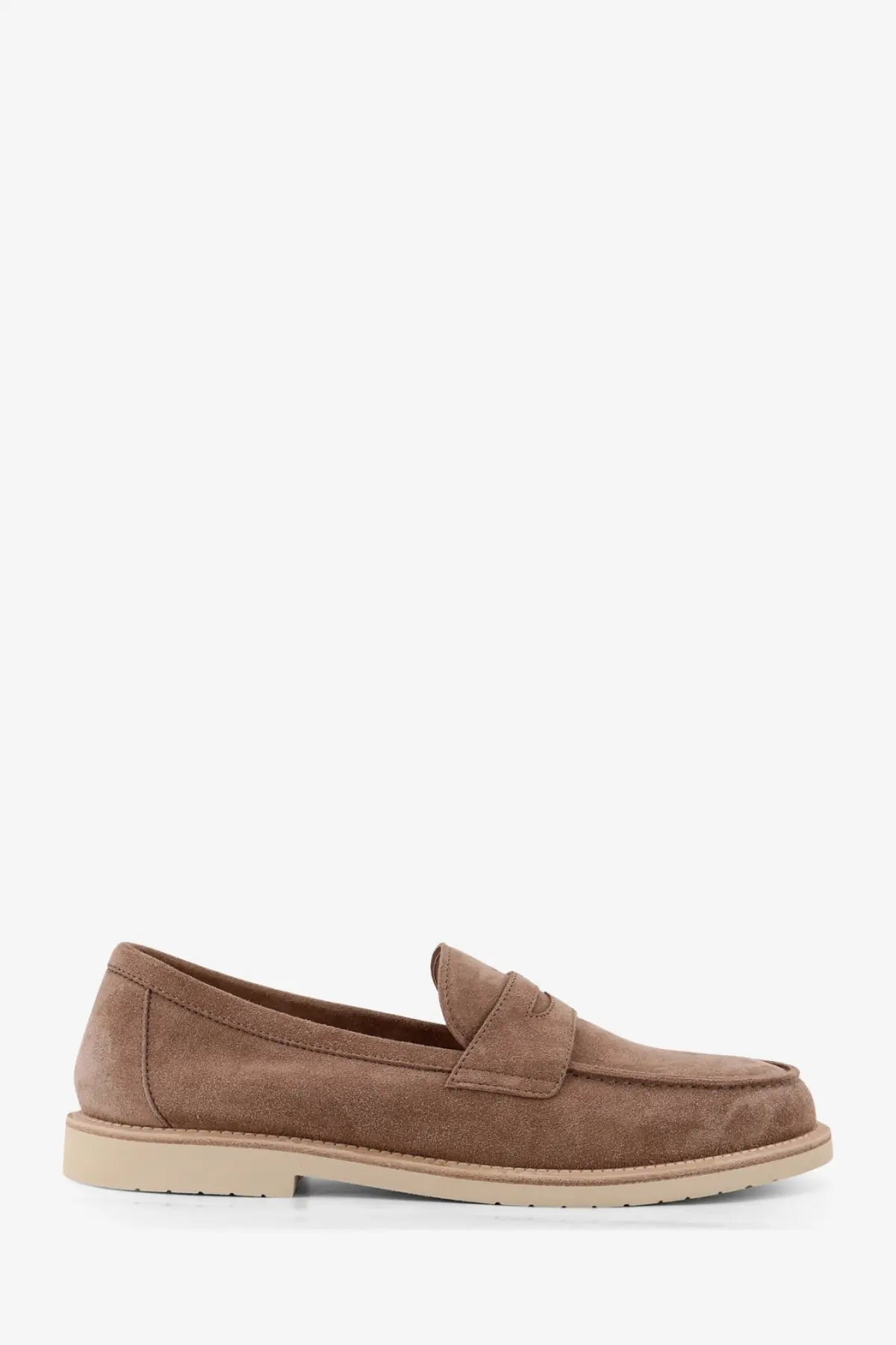 Brunello cucinelli men’s grey suede loafers with classic penny strap design and light beige rubber sole
