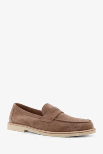 Brunello Cucinelli men’s tan suede penny loafer with light beige rubber sole visible from the back side