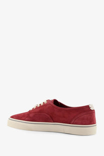 Brunello Cucinelli men’s suede sneakers in red with cream laces and matching rubber sole low-top design