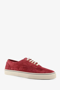 Brunello Cucinelli men’s suede low-top sneaker in red with cream laces and matching rubber sole