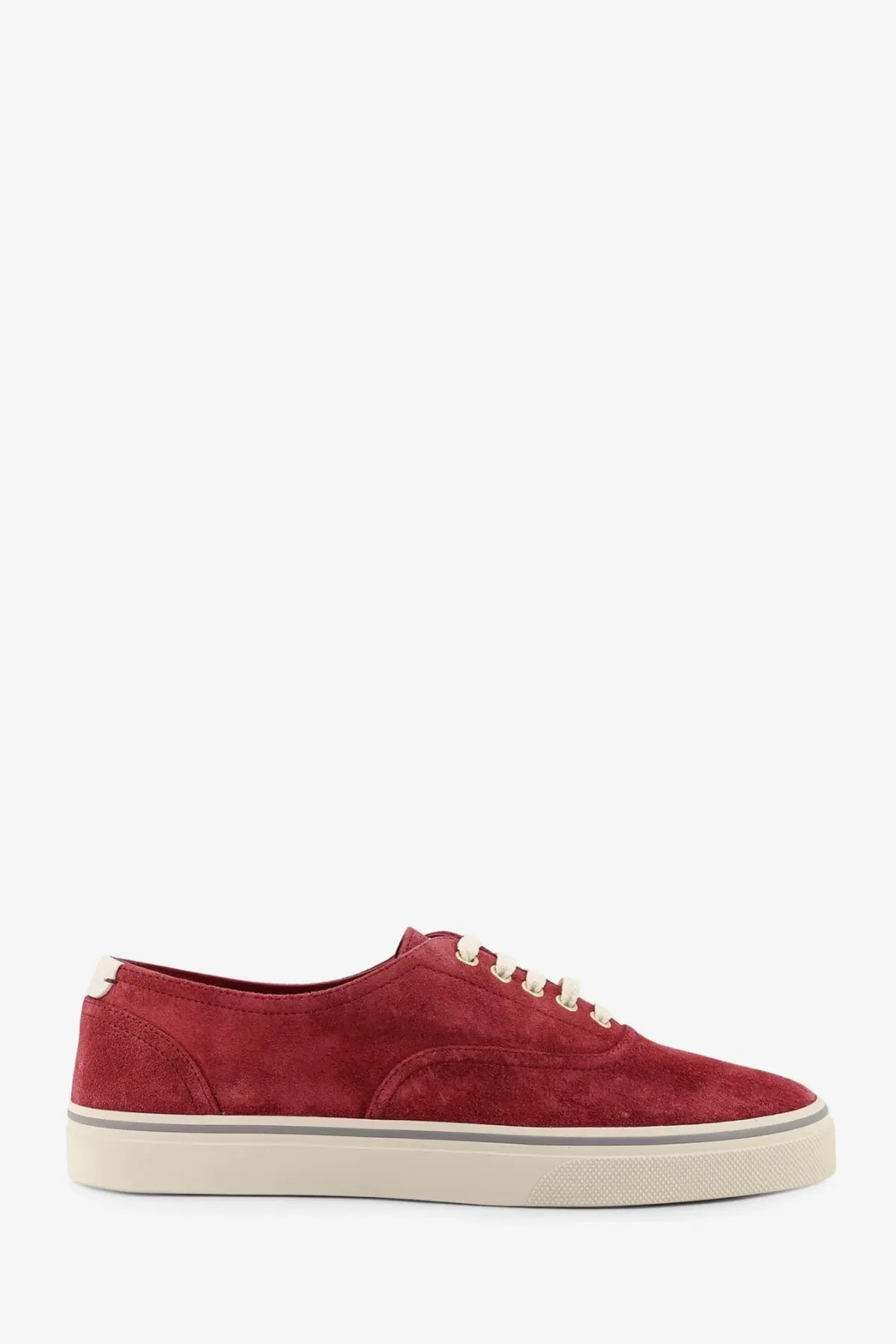 Brunello Cucinelli men’s suede sneakers in red with cream laces and matching rubber sole low top design