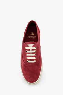 Brunello Cucinelli men’s suede sneakers in red with cream laces and white rubber sole featuring brand label inside