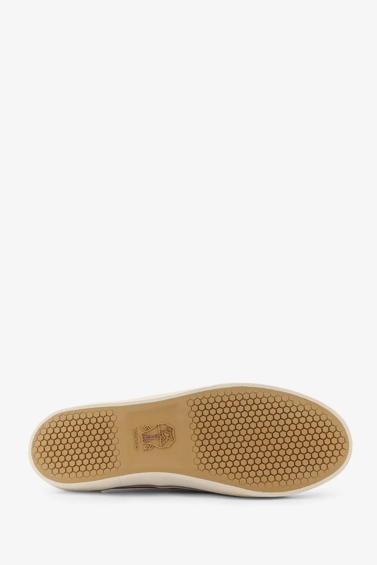 Tan rubber sole with hexagonal tread and embossed logo on brunello cucinelli men’s suede sneakers gold