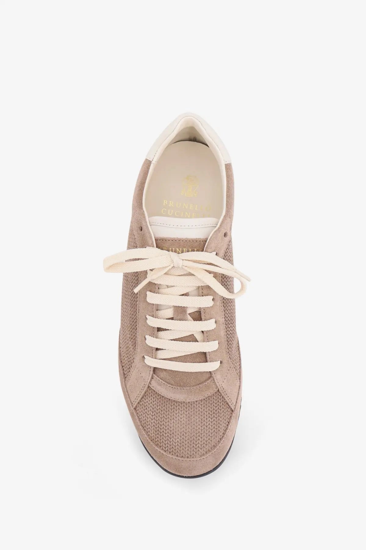 Brunello Cucinelli men’s grey suede sneakers in beige suede and mesh with cream laces for casual wear
