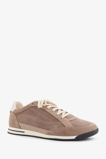 Brunello Cucinelli men’s suede sneakers in beige with mesh panels cream laces and black rubber sole