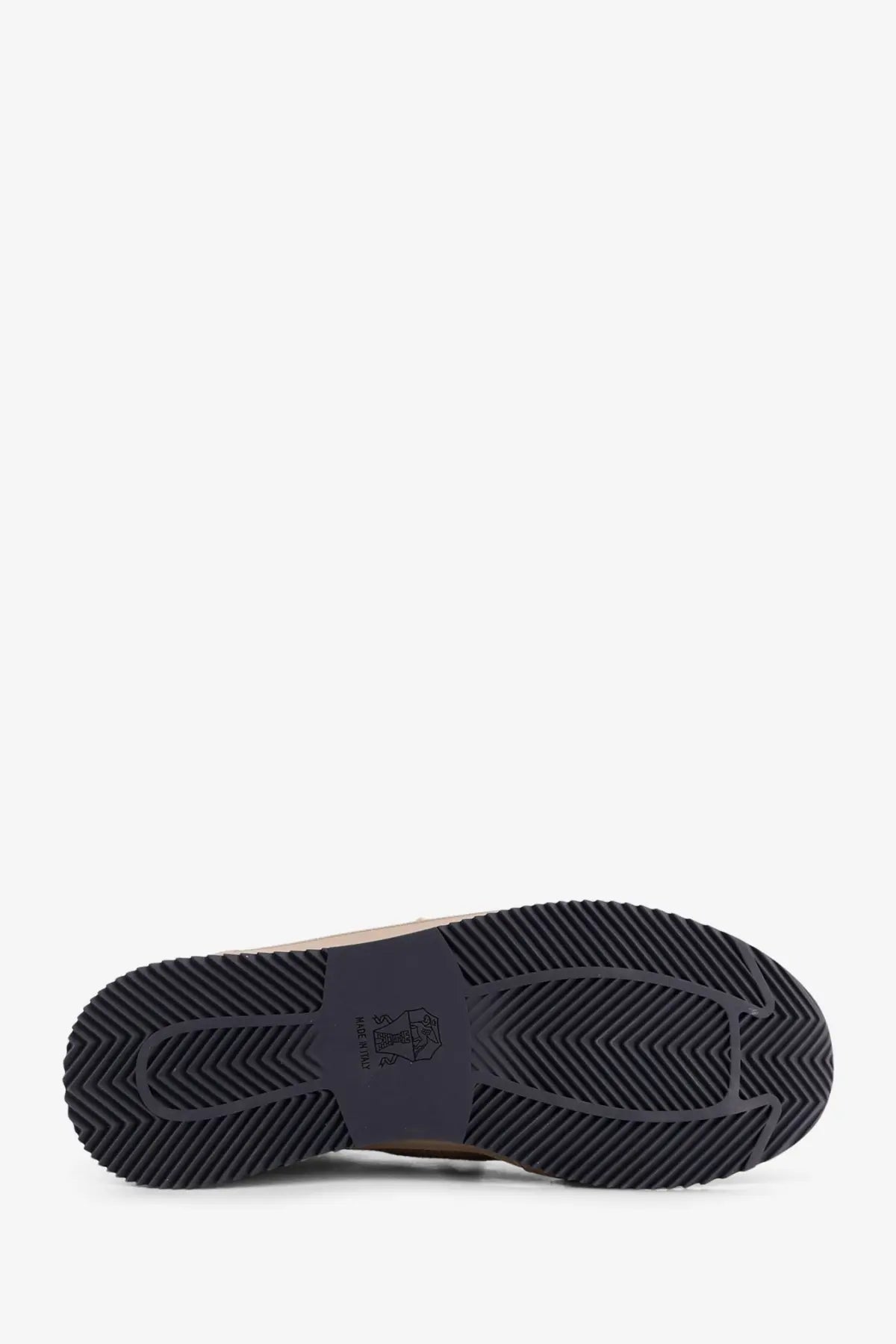 Back view of brunello cucinelli men’s grey suede sneakers with black rubber sole and dark gray heel counter logo embossed