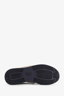 Back view of brunello cucinelli men’s grey suede sneakers with black rubber sole and dark gray heel counter logo embossed
