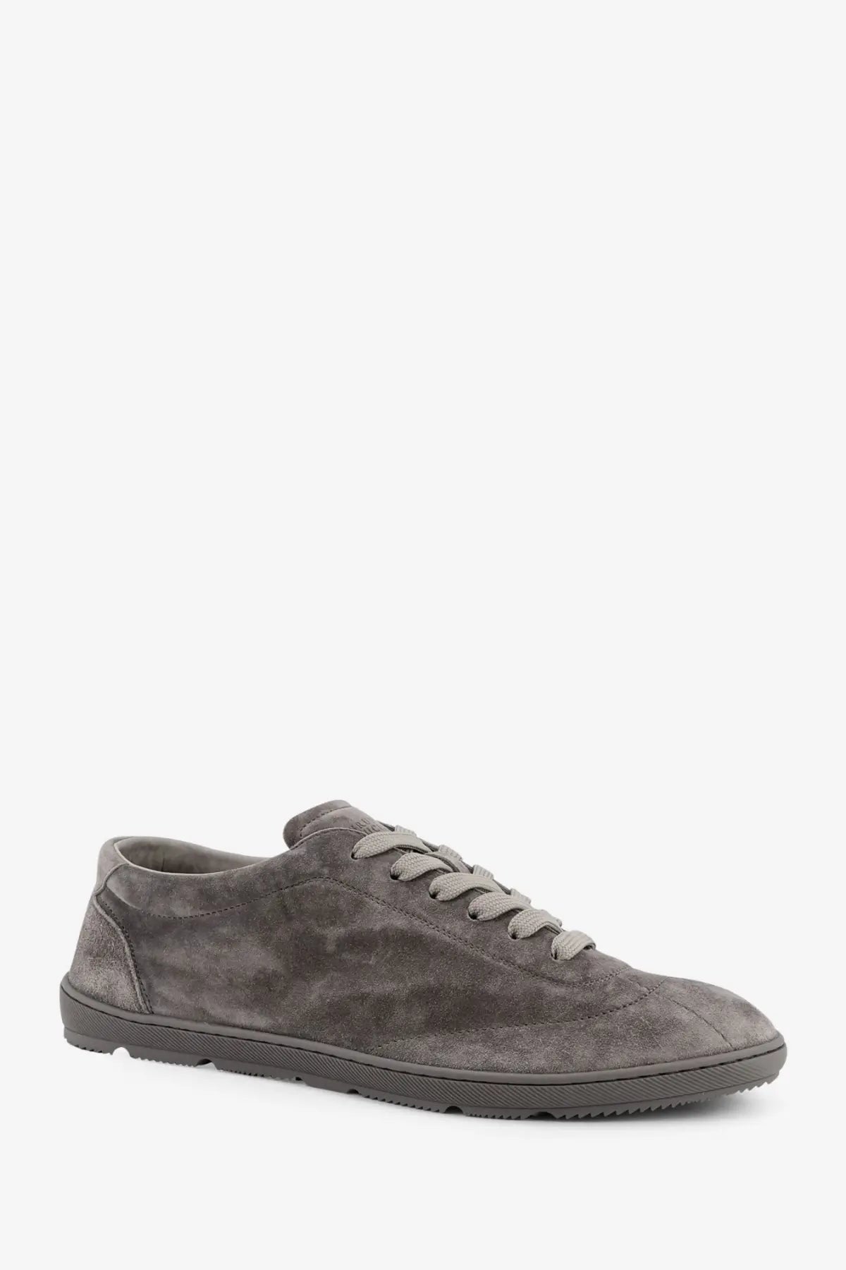 Brunello Cucinelli men’s grey suede low-top sneaker with matching laces and textured rubber sole
