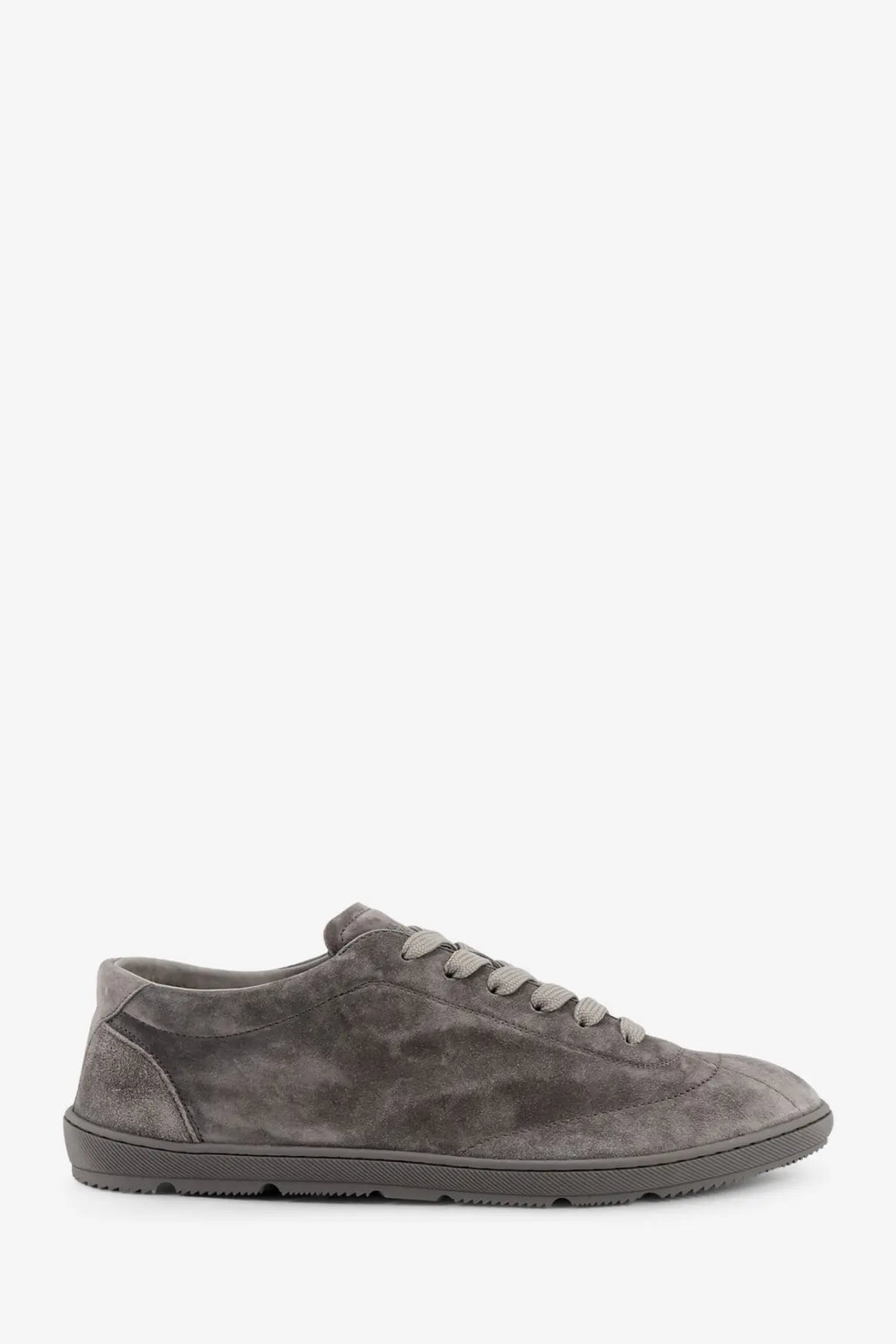 Brunello Cucinelli men’s grey suede low-top sneaker with matching laces and textured rubber sole
