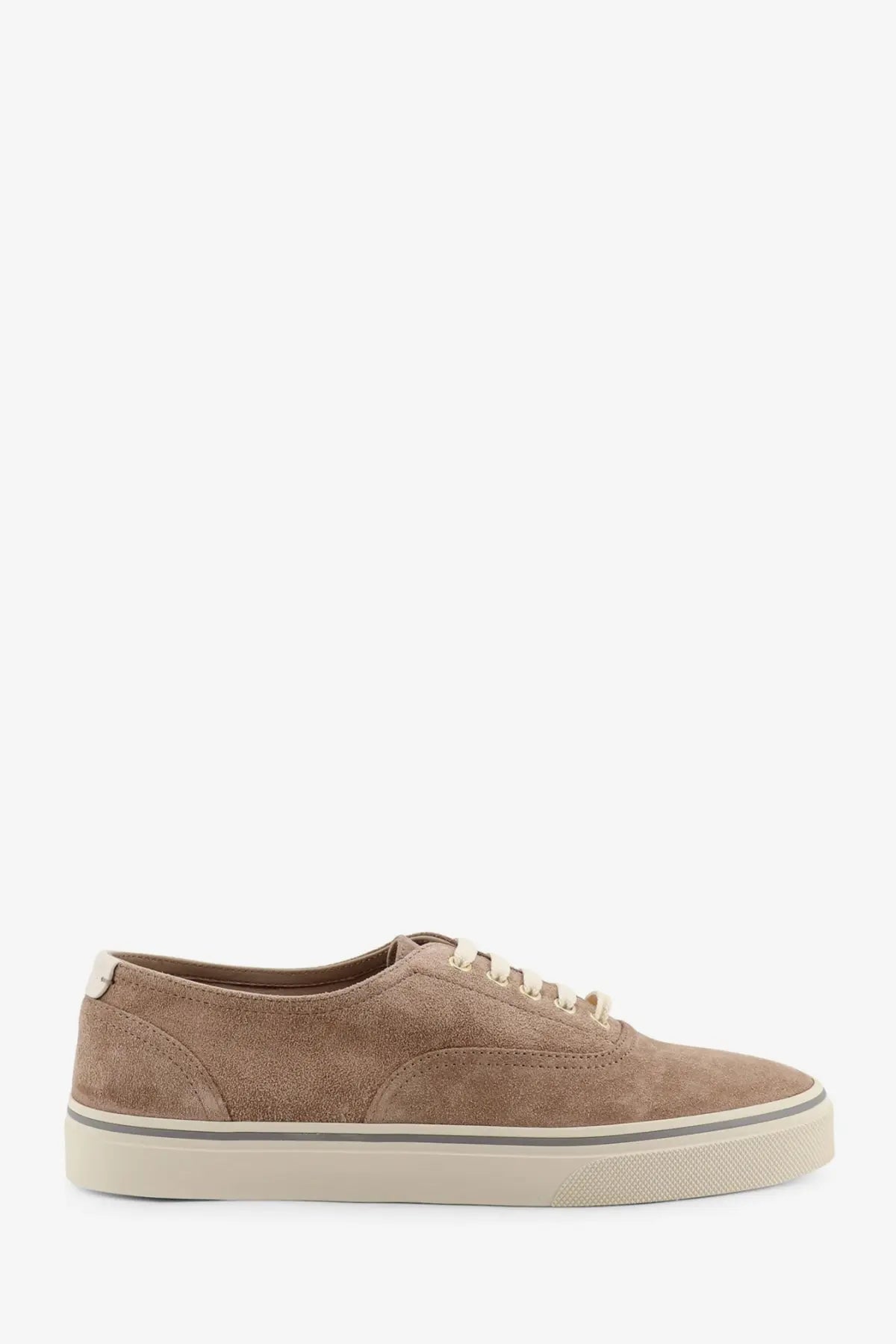 Brunello Cucinelli men’s tan suede low-top sneaker with cream laces and matching rubber sole