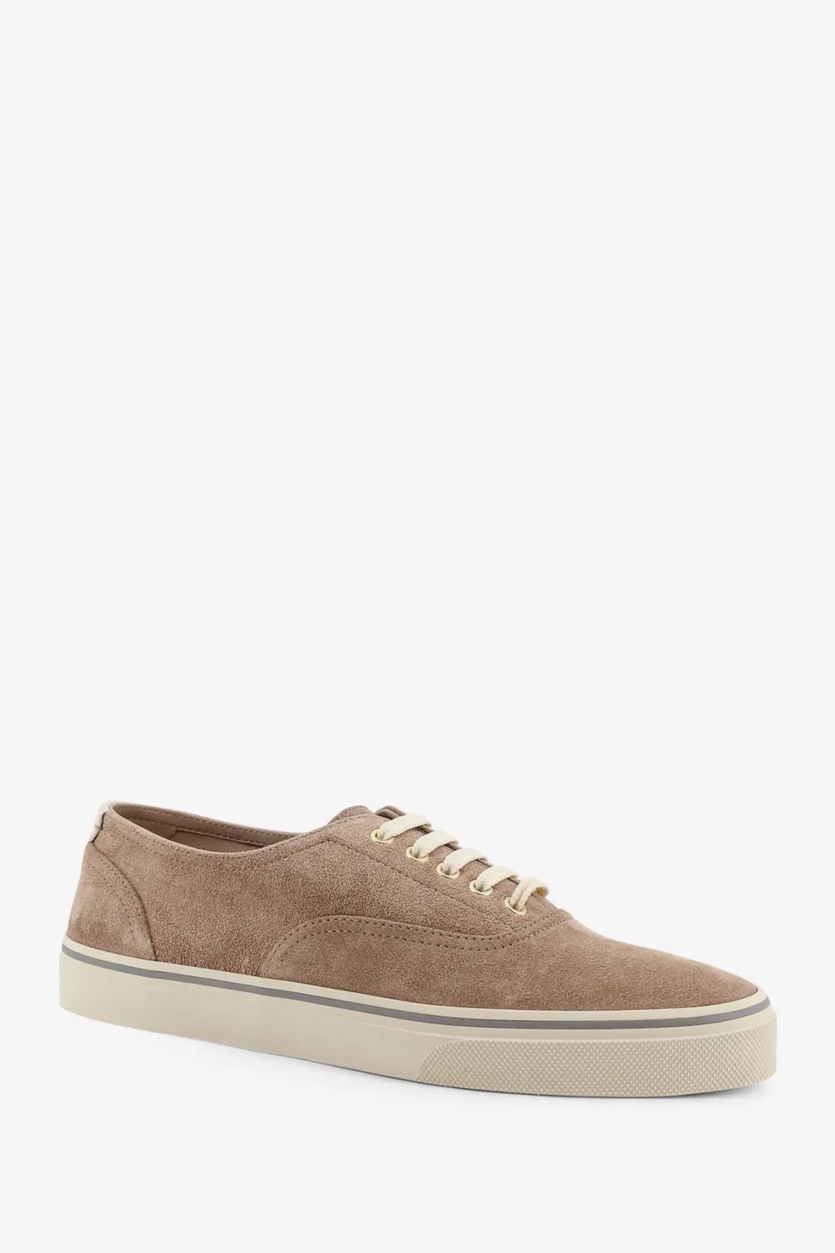 Brunello cucinelli men’s tan suede low-top sneaker with cream laces and matching rubber sole