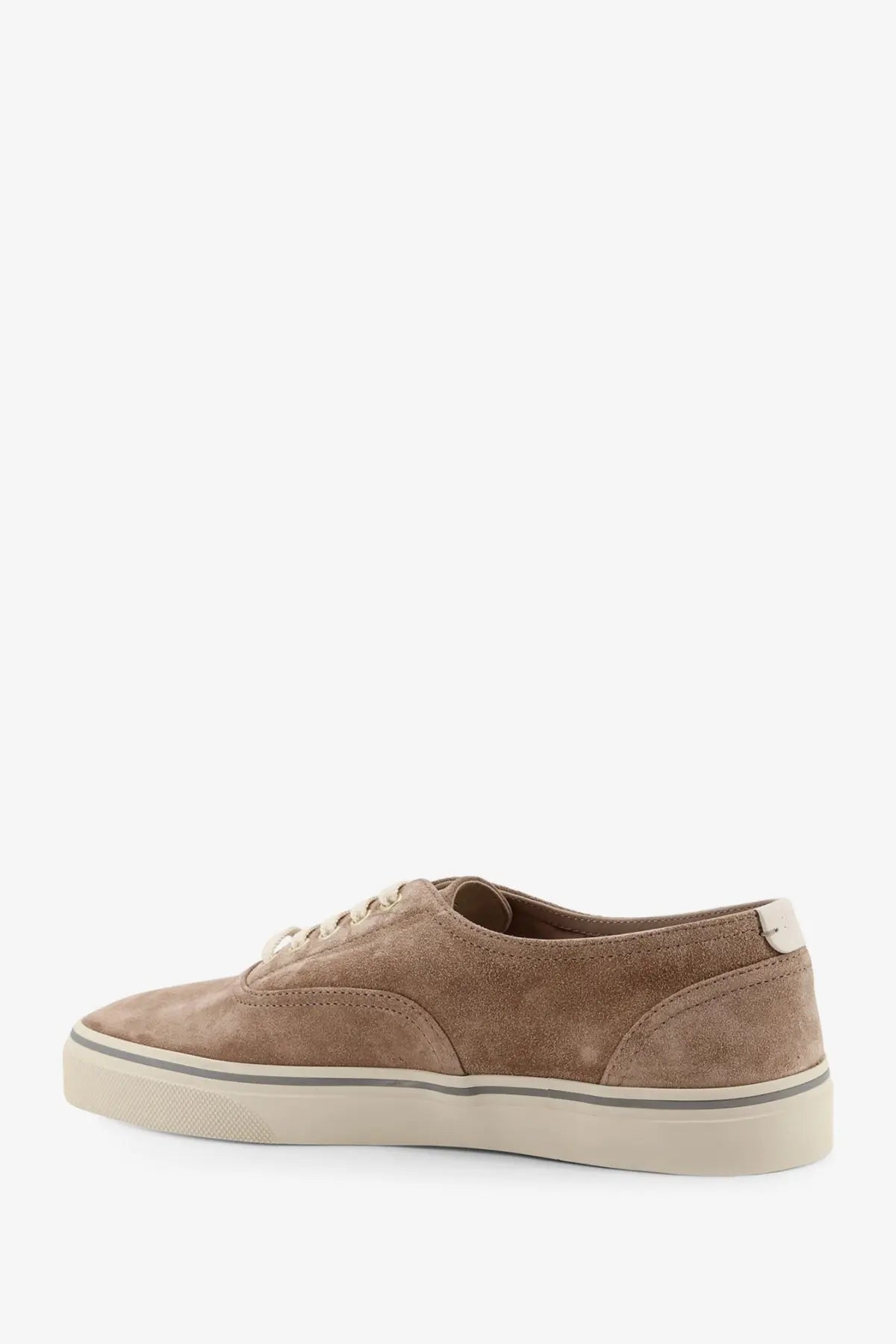 Brunello Cucinelli men’s suede sneakers in tan with white laces and cream rubber sole low-top design
