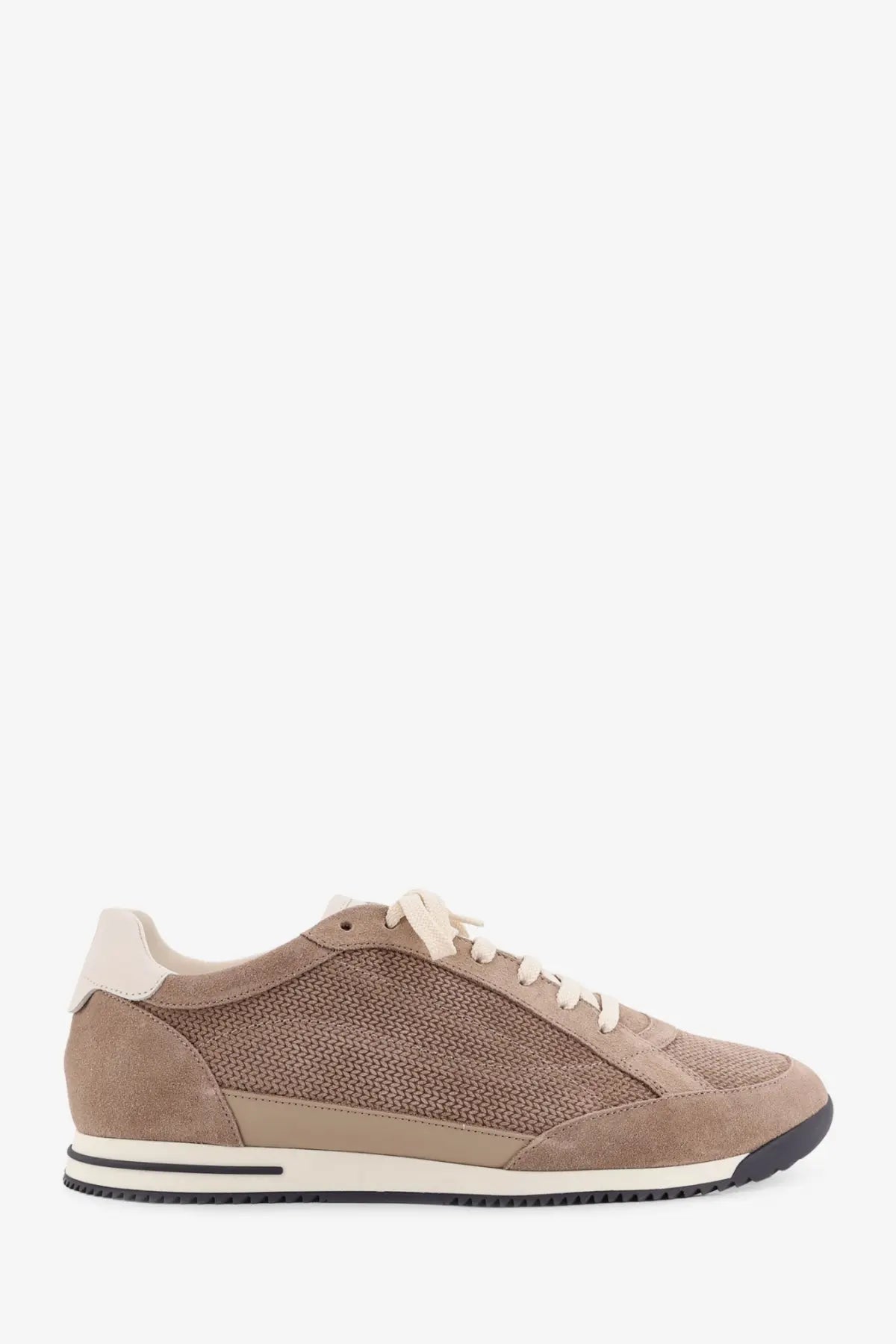 Brunello Cucinelli men’s tan suede and mesh low-top sneaker with cream laces and black-trimmed rubber sole