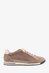 Brunello Cucinelli men’s tan suede and mesh low-top sneaker with cream laces and black-trimmed rubber sole