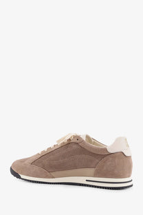 Brunello Cucinelli men’s low-top suede sneaker in tan with mesh panels cream laces and black rubber sole