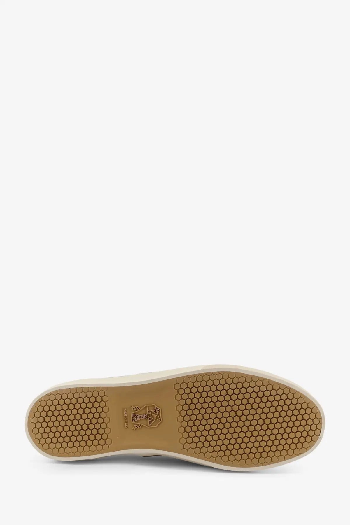 Tan rubber sole with hexagonal tread pattern and small embroidered logo on brunello cucinelli men’s grey suede sneakers