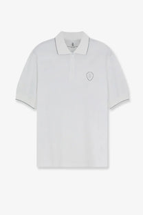Brunello Cucinelli men’s white technical fabric polo shirt with gray trim and embroidered shield logo on chest