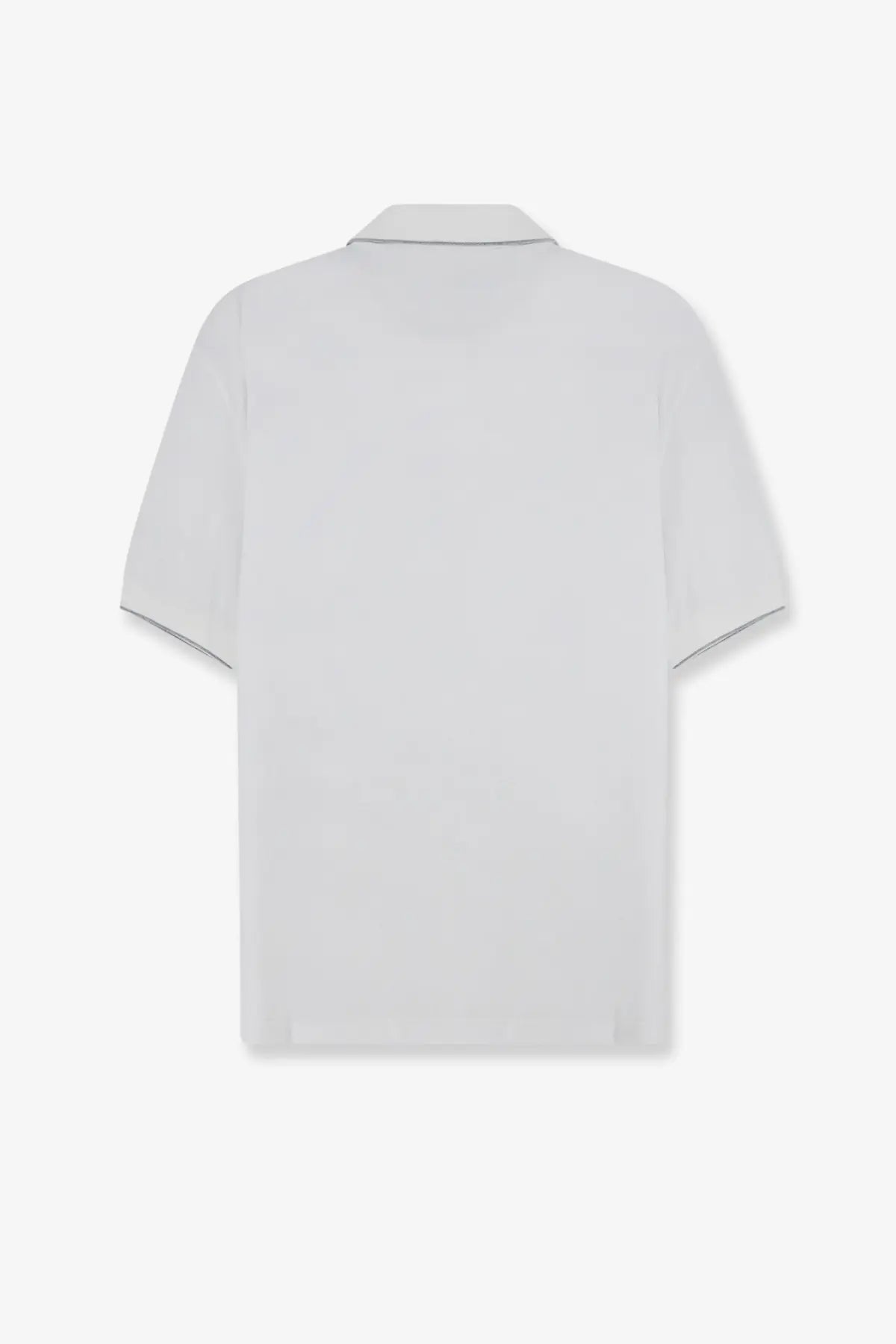 Brunello Cucinelli men’s white technical fabric polo shirt with short sleeves and subtle gray trim on collar and sleeves