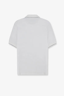 Brunello Cucinelli men’s white technical fabric polo shirt with short sleeves and subtle gray trim on collar and sleeves