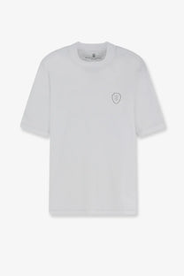Brunello Cucinelli men’s white cotton t-shirt with subtle embroidered shield logo on left chest in minimalist design