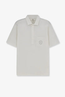 Brunello Cucinelli men’s virgin wool polo shirt white with short sleeves embroidered shield logo and buttoned placket