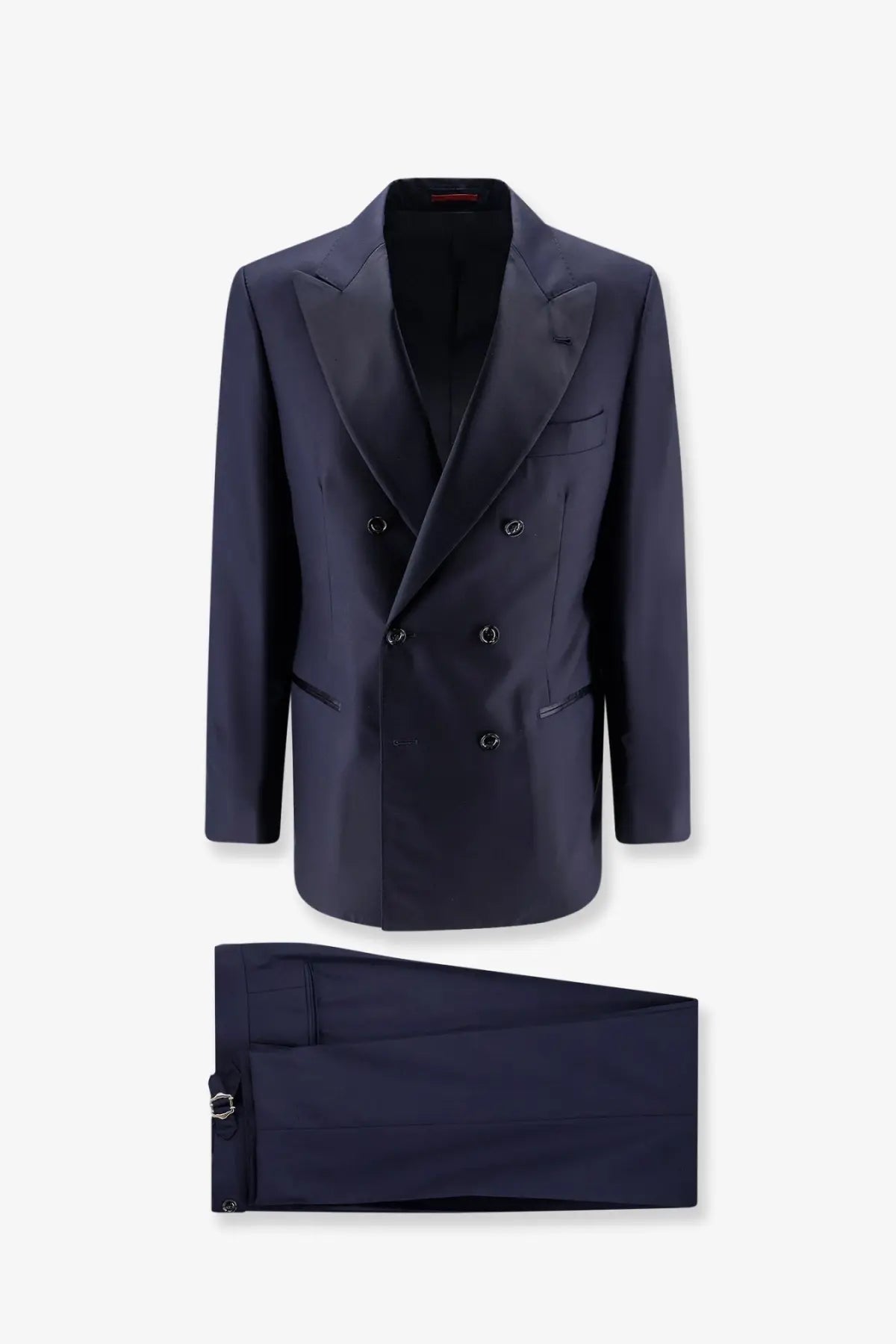 Brunello Cucinelli men’s navy blue double-breasted tuxedo with satin lapels made of virgin wool and silk