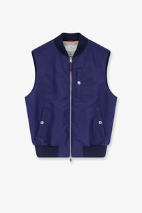 Brunello Cucinelli men’s navy blue nylon sleeveless bomber vest with ribbed collar cuffs and silver snap button pockets