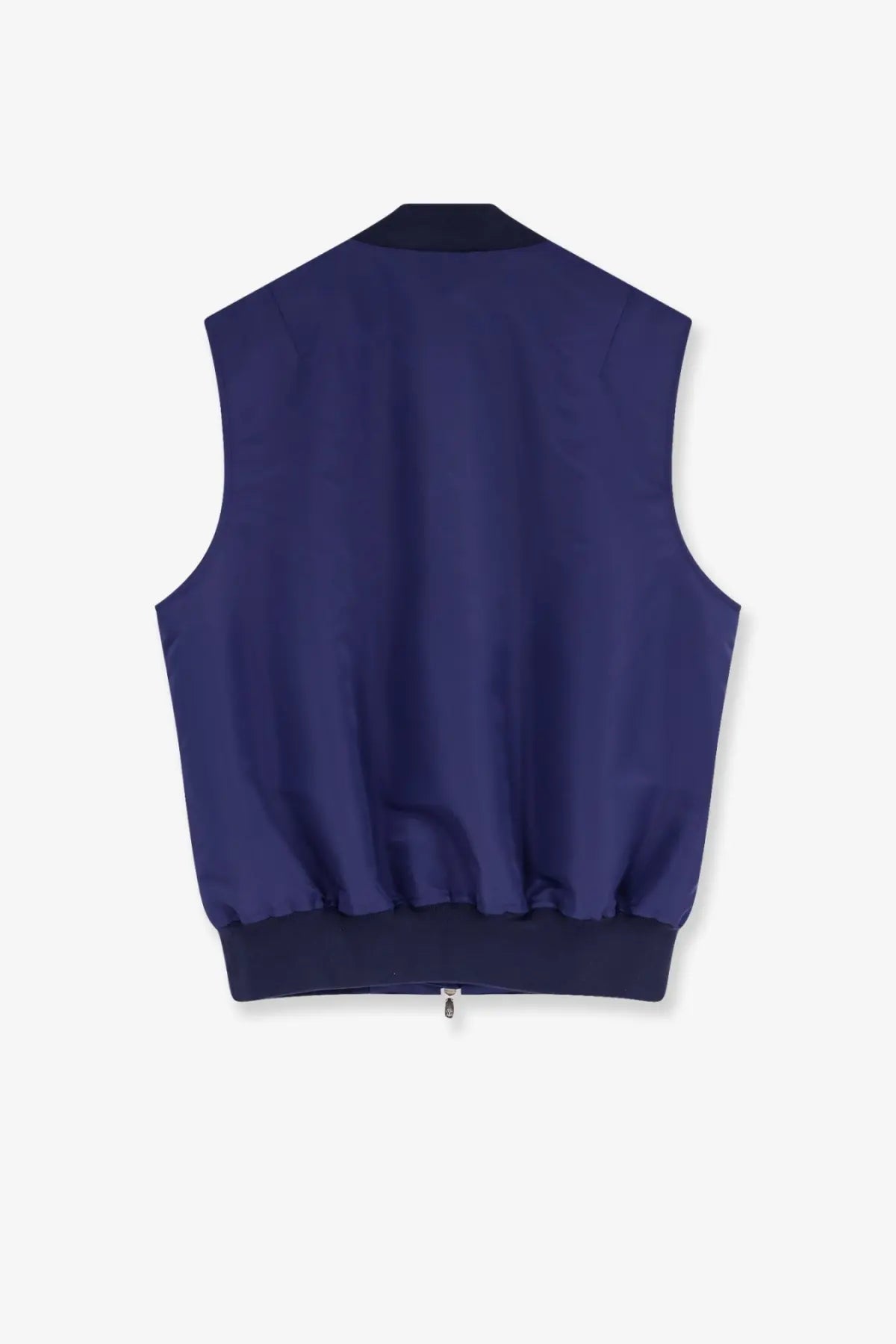 Brunello Cucinelli men’s navy blue sleeveless bomber jacket with ribbed cuffs and collar made of water repellent nylon