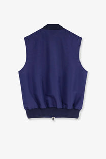 Brunello Cucinelli men’s navy blue sleeveless bomber jacket with ribbed cuffs and collar made of water repellent nylon
