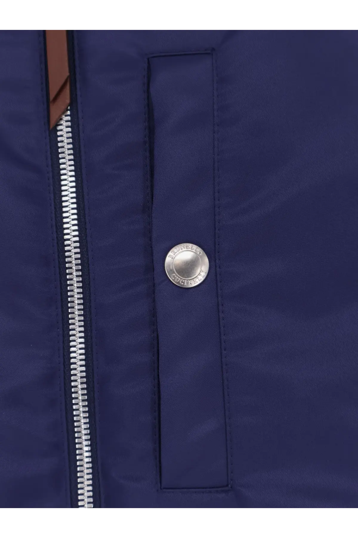 Brunello Cucinelli men’s navy blue water repellent nylon sleeveless jacket with silver button and zipper details