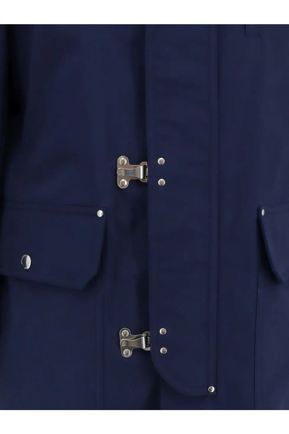 Dark blue brunello cucinelli men’s trench coat with silver metal buckles and button details in water resistant fabric