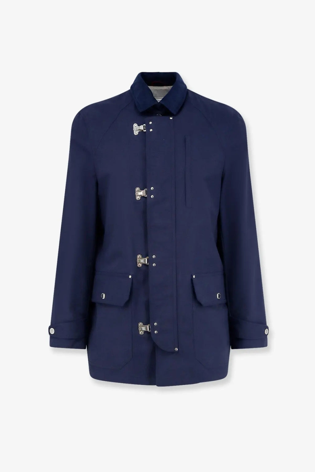 Brunello Cucinelli men’s navy blue trench coat with silver toggle closures and flap pockets water resistant jacket