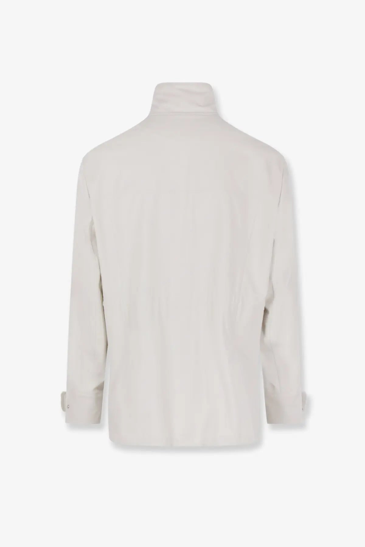 Brunello Cucinelli men’s waterproof sahariana white jacket with off-white turtleneck and structured seam detailing
