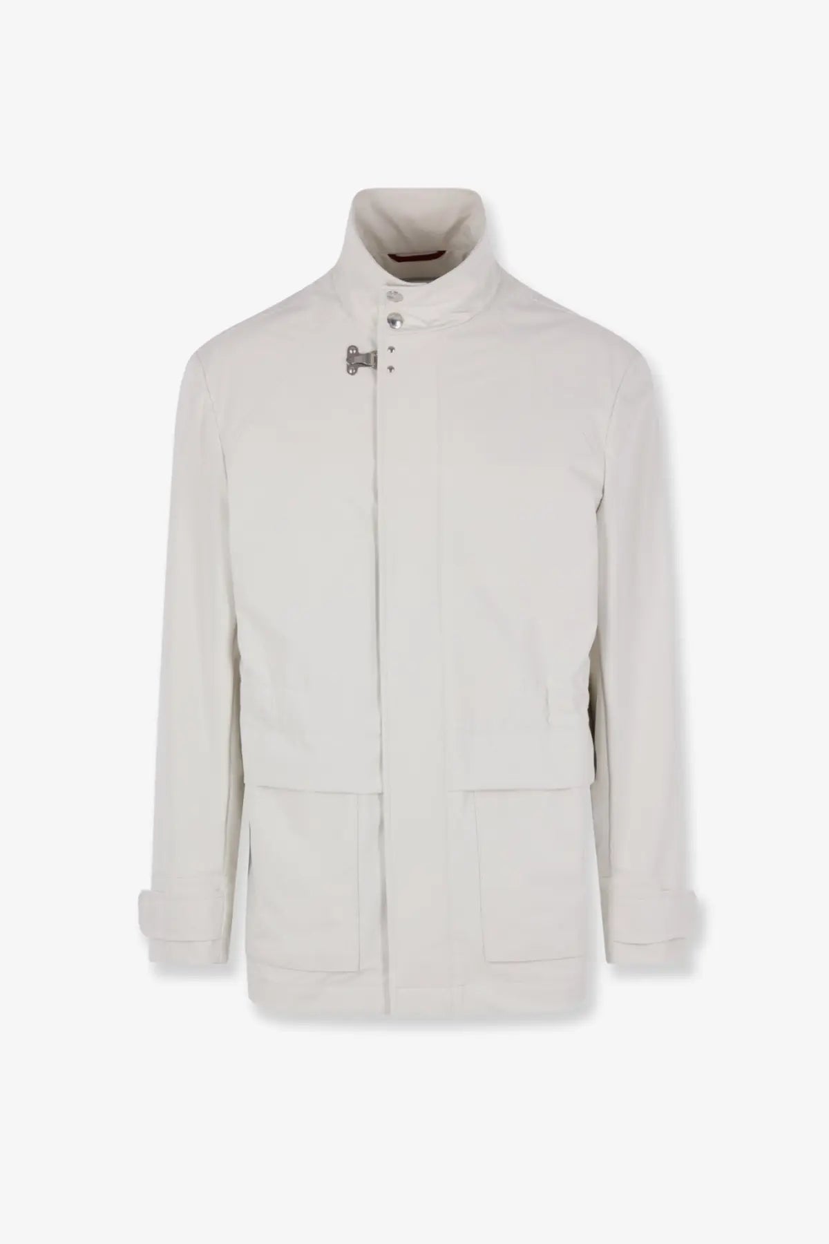 Brunello Cucinelli men’s waterproof sahariana white jacket with silver clasps, patch pockets, and rolled cuff sleeves