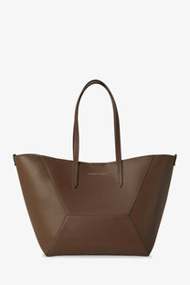 Brown leather tote bag with geometric paneling and top handles matching brunello cucinelli green hammered leather handbag