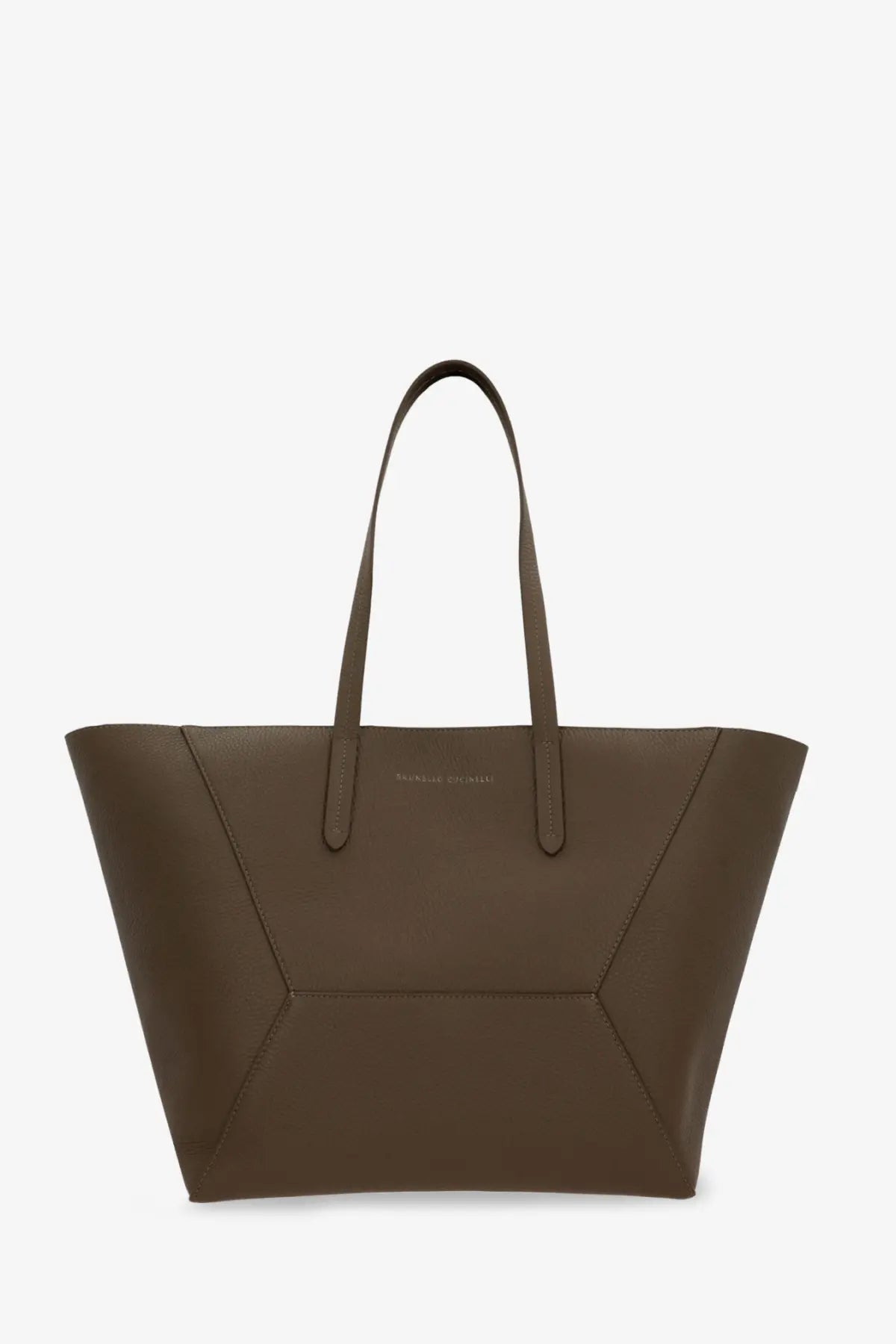 Brunello Cucinelli women’s olive green leather tote bag with structured geometric stitching and slender handles