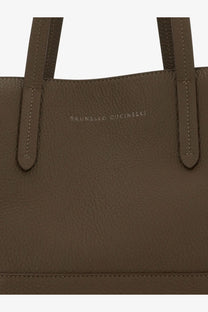 Brunello Cucinelli women’s BC Duo hammered leather shoulder bag in olive green with matching handles and subtle stitching